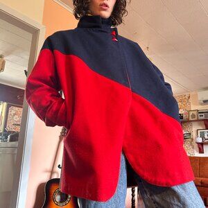 1980s color blocked Wool blend geometric traingle button satin lined coat cape